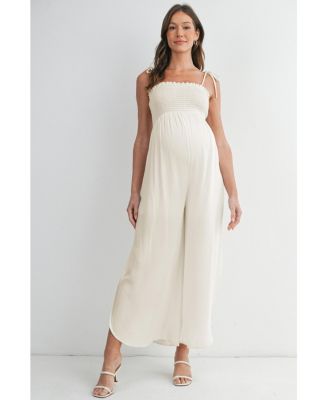 Maternity Smocked Wide-Leg Jumpsuit with Tie Shoulders and Side Slit