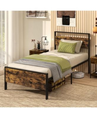 Twin Metal and Wood Platform Bed Frame with Headboard and Industrial Design