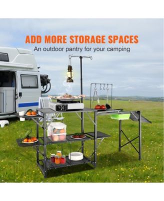 Folding Camping Kitchen Table with Sink Side Tables and Storage Shelves