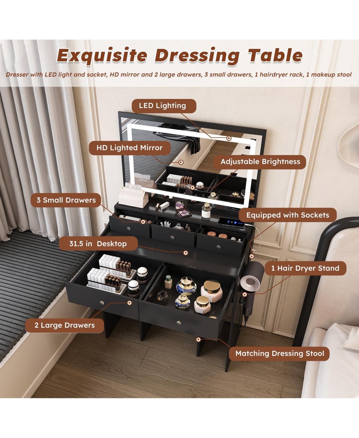 Rainsken Mirror Vanity Desk, Makeup Vanity Set with 5 Drawers, Power Outlet