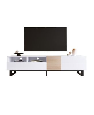 Modern Wooden Media Console for 80 Inch TVs, Entertainment Center with Dual Storage and Drop Down Door, TV Stand for Living Room