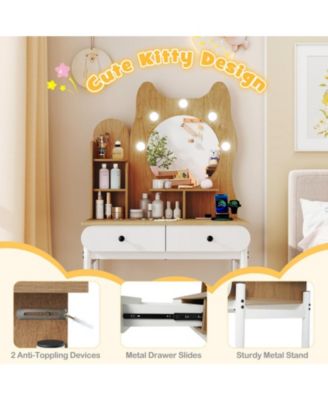 Small Vanity Desk with Round Lighted Mirror and Power Outlets