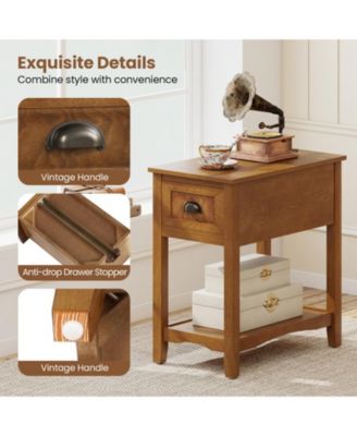 Set of 2 Retro Narrow End Tables with Drawer and Open Shelf