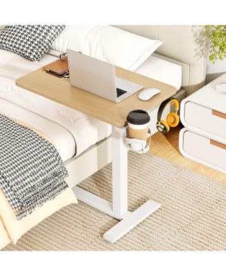 Height Adjustable Mobile Overbed Bedside Table with Cup Holder