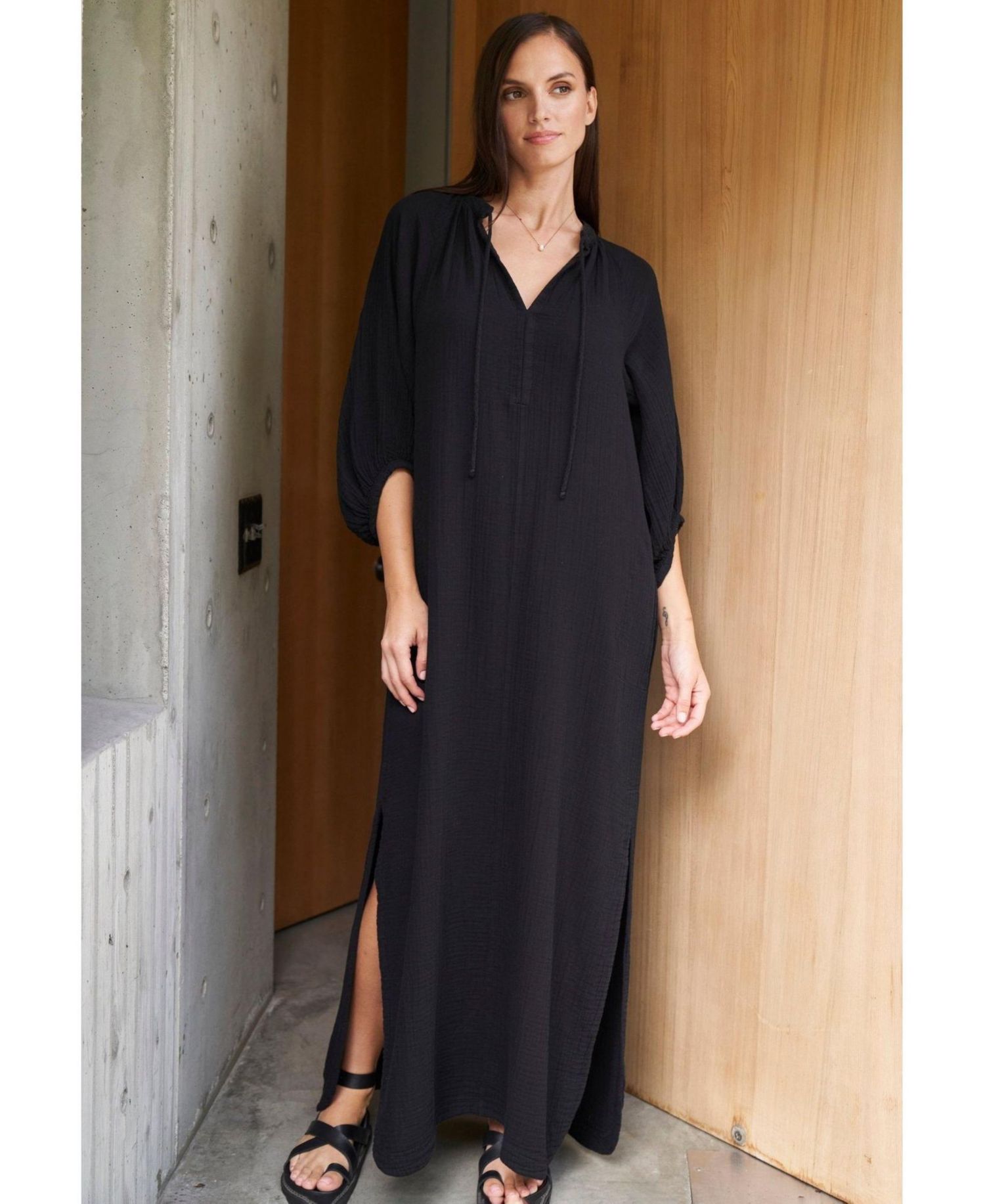 Women's Ocean+Main Avery Long Tie Neck Dress Gauze Caftan