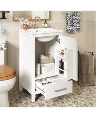 18 Inch Bathroom Vanity with Ceramic Sink, Soft Close Storage Drawer and Door, Freestanding Cabinet for Small Spaces