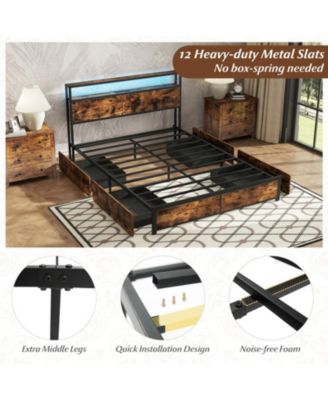 Queen Metal and Wood Bed Frame with LED Lights and Charging Station and Storage Drawers