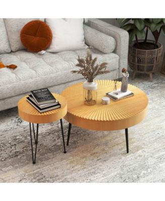 Wooden Coffee Table Set of Two with Metal Legs