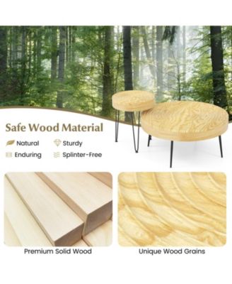 Set of 2 Solid Pine Wood Farmhouse Round Nesting Coffee Tables