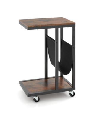 C-Shaped Side Table with Canvas Storage Pouch and Rolling Casters