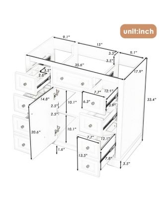 36 Inch Modern Bathroom Vanity Base without Sink, Solid Wood and MDF Cabinet with 6 Drawers and Adjustable Shelf for Storage