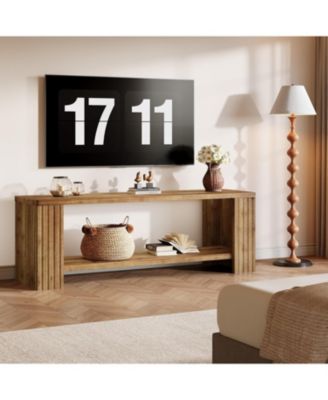 Solid Wood TV Stand for 55/60/65/75-Inch TVs, Farmhouse Entertainment Center with 2-Tier Storage Shelf, Fluted TV Consoles