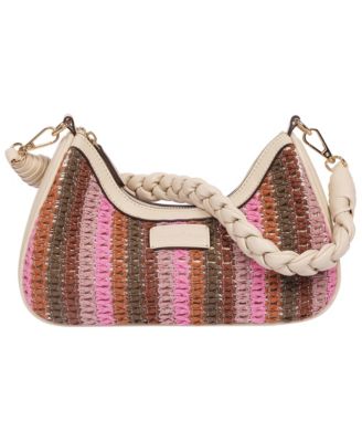 Woven Ribbon Zip Top Hobo Bag - Striped Woven Shoulder Bag with Braided Strap
