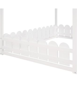 Full Size  Wood House Bed Frame with Surrounding Fence Roof Design for Kids Teens Boys and Girls