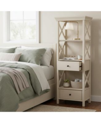 Cottage Chic Display Cabinet Bookcase Antique White Engineered Wood 3 Shelves 2 Drawers Lattice Sides Crown Moulding