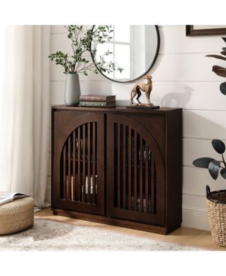 Modern Fluted Sideboard Cabinet with 2 Outlet Holes, Narrow Side Cabinet Kitchen Coffee Bar