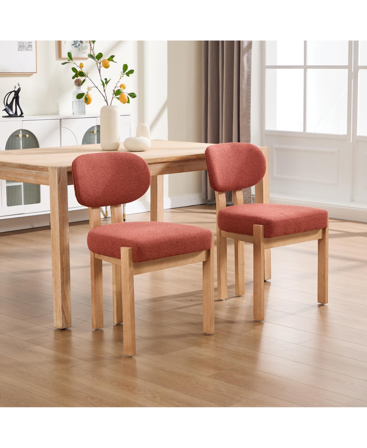 Rainsken Wooden Dining Chairs Set of 2, Modern Fabric Upholstered Kitchen Chairs with Curved Backrest and Solid Wood Legs for Dining Room