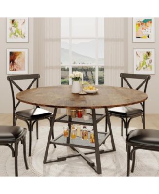 Dining Room Round Table Set for 4-6, Circle Kitchen Dining Table with Metal Base, 47 Inch Wooden Round DiningTable