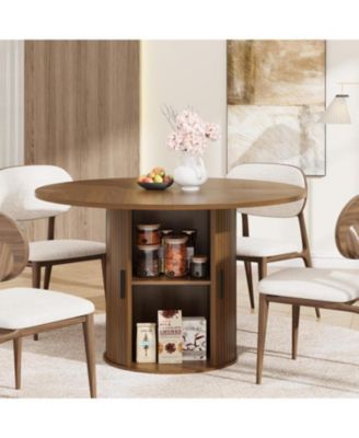 47 Inch Round Dining Table for 4, Kitchen Table Dinner Table with 2-Layer Storage Shelf and Wood Slide Door for Home Dining Room Living Room