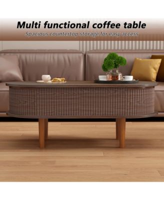 Fluted Lift Top Coffee Table, Modern Oval Wooden Center Table with Hidden Compartment for Living Room or Home Office
