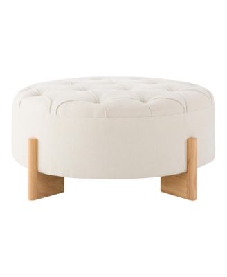 32" Round Tufted Ottoman - Coffee Table with Solid Wood Legs, Tufted Buttons and Piping Lines, Center Table for Living Room