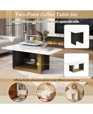 Nesting Coffee Tables Set of 2, Small Square Coffee End Table, Wood Look Center Table with Metal Frame for Living Room