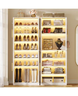 8-Tier Tall Shoe Storage with Acrylic Doors and LED Lights Set of 2, Organizer Rack with Adjustable Shelves and Hanging Hooks