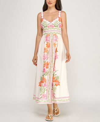 Juniors' Sleeveless Scallop Strap Ruched Waist Midi Dress