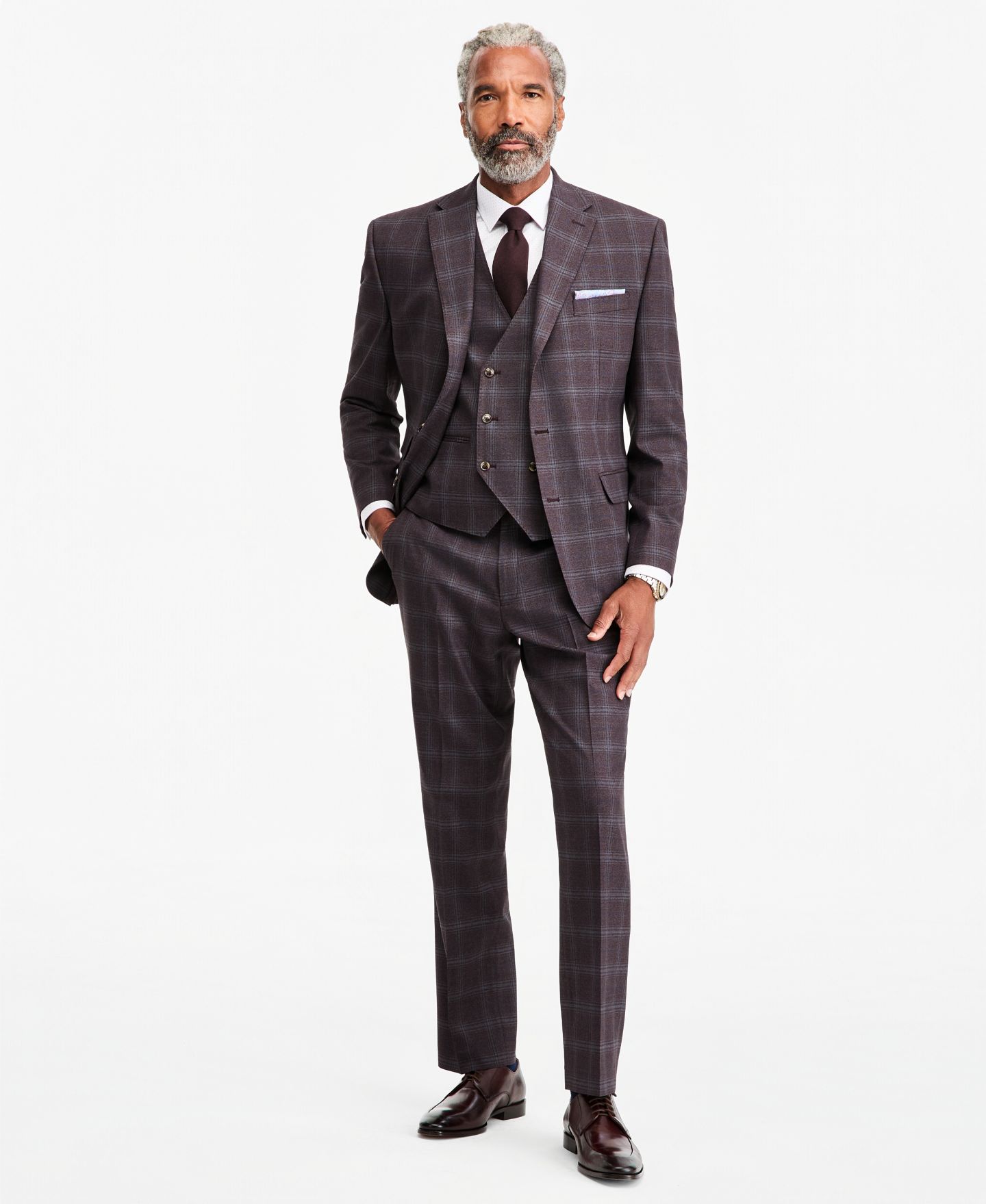 Мужские комплекты Tayion Collection Classic-Fit Burgundy Plaid Suit Separates, цвет: Бордовый — фото 2