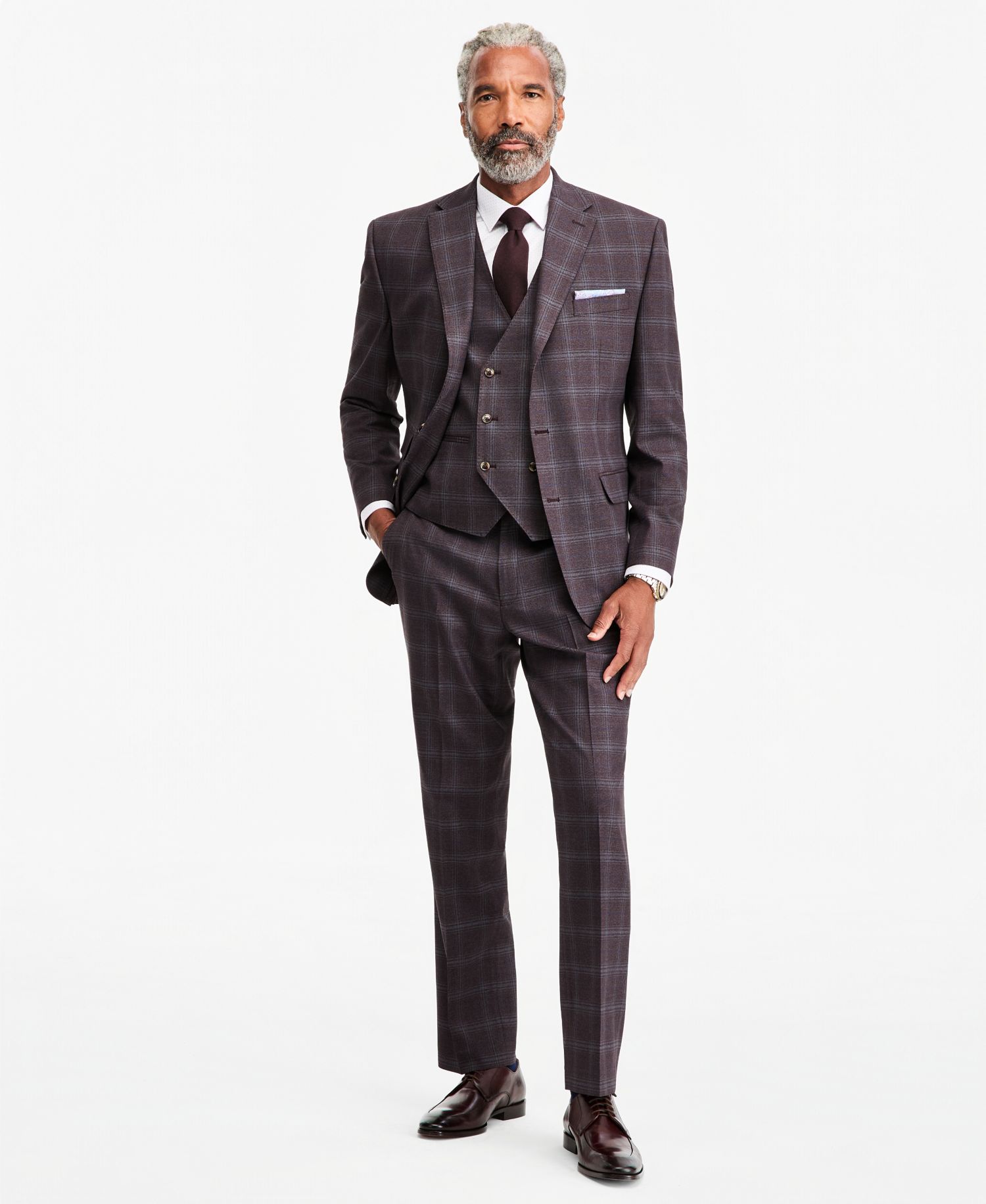 Men's Classic-Fit Burgundy Plaid Suit Separate Double-Breasted Vest