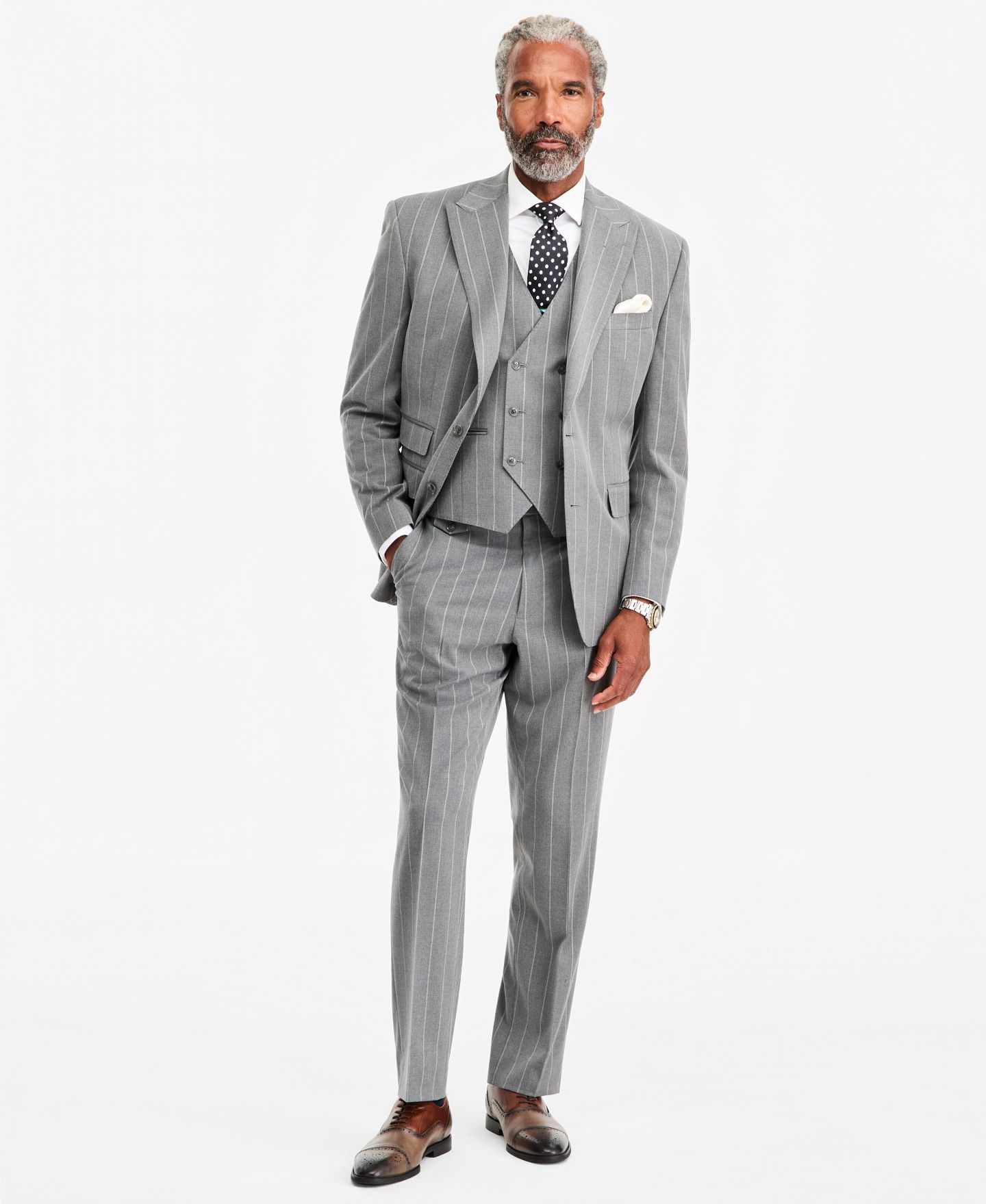 Мужские комплекты Tayion Collection Classic-Fit Gray Pinstripe Suit Separates, цвет: Серый полосатый — фото 2