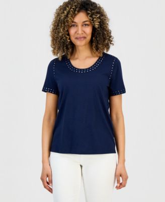 Petite Short-Sleeve Mirror-Trim Knit Top