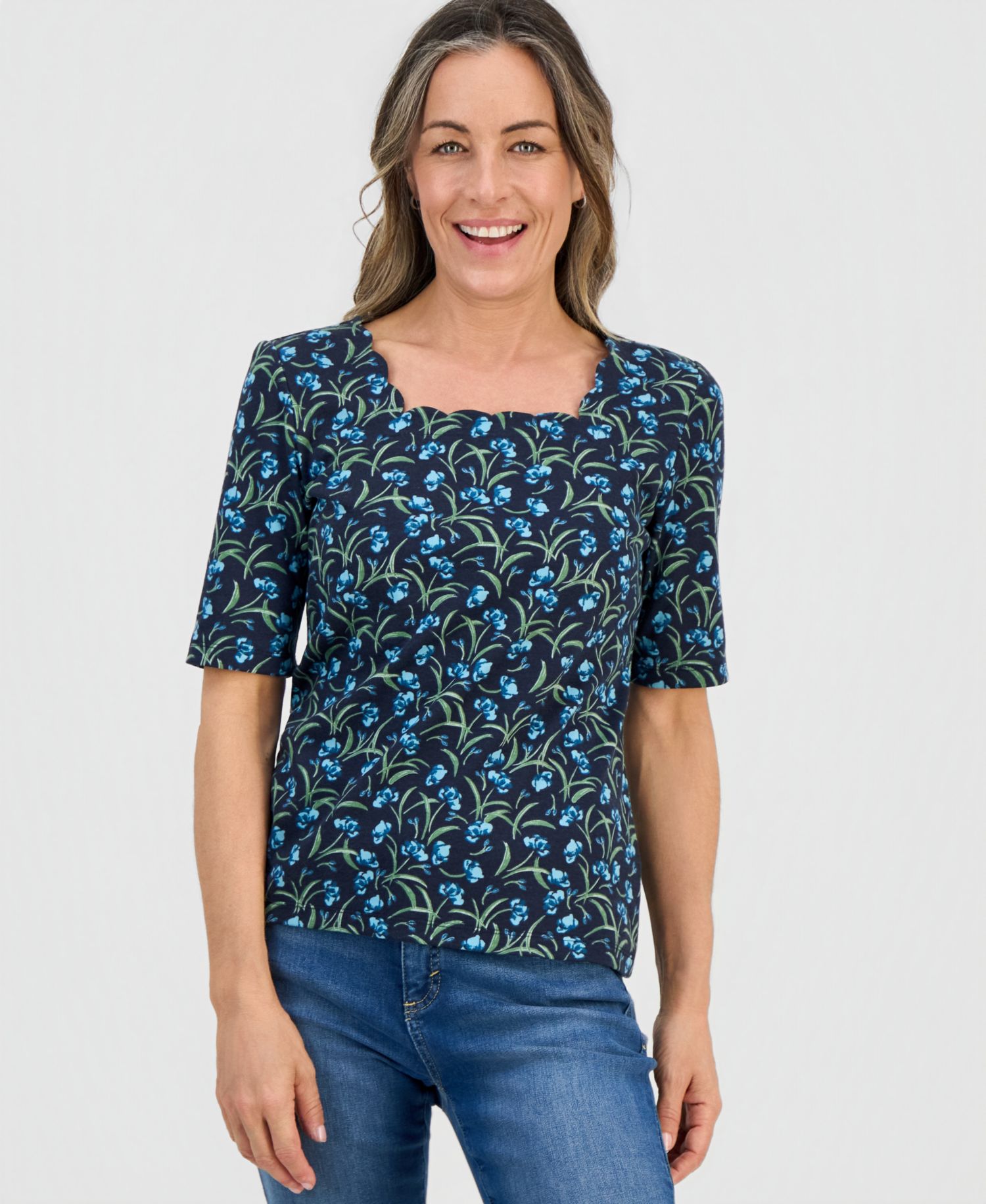 Plus Size Printed Scalloped Square-Neck Top
