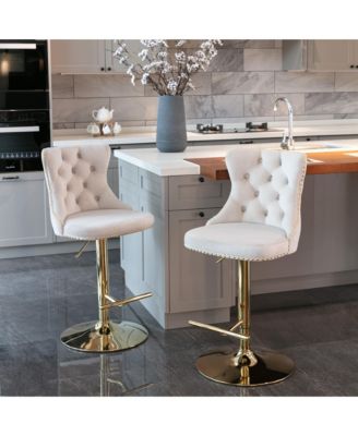 Velvet Swivel Bar Stools Set of 2, Adjustable Counter Height Chairs with Nailhead Trim and Gold Metal Base for Kitchen Island