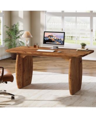 63-Inch Solid Wood Executive Desk, Large Office Computer Desk with Sturdy Wooden Legs, Farmhouse Writing Table