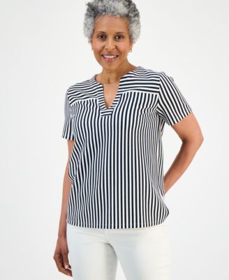 Petite Striped Short-Sleeve Yoke Top