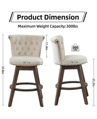 360° Swivel Bar Stools Set of 2, Velvet Counter Height Chairs with Curved Backrest, Nailhead Trim and Solid Wood Legs for Kitchen Island