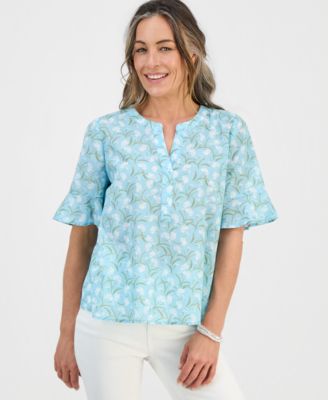 Petite Printed Cotton Split-Neck Popover Top