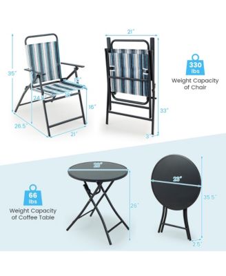 3 Pieces Patio Folding Chair Set w/ 2 Chairs and Glass Round Coffee Table Porch Deck Backyard