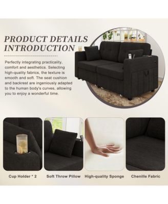 Modern 2-Seater Chenille Couch, 67 Inch Loveseat Sofa with USB Ports, Cup Holders, Storage and Solid Wood Frame for Living Room