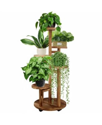 5 Tiered Wood Plant Stand Indoor with Wheels Multi-Tier Flower Pot Holder for Living Room Balcony Garden