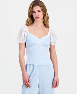 Petite Satin Lace Puff-Sleeve Top