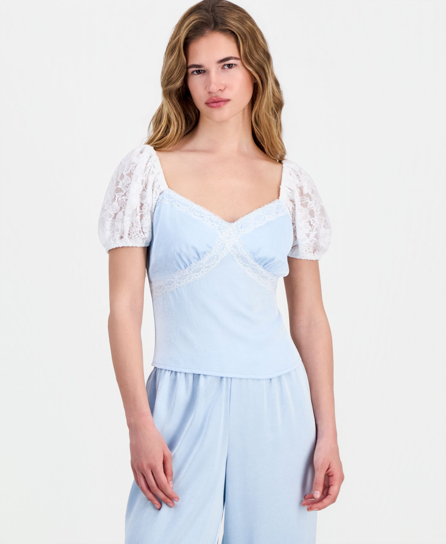 Petite Satin Lace Puff-Sleeve Top