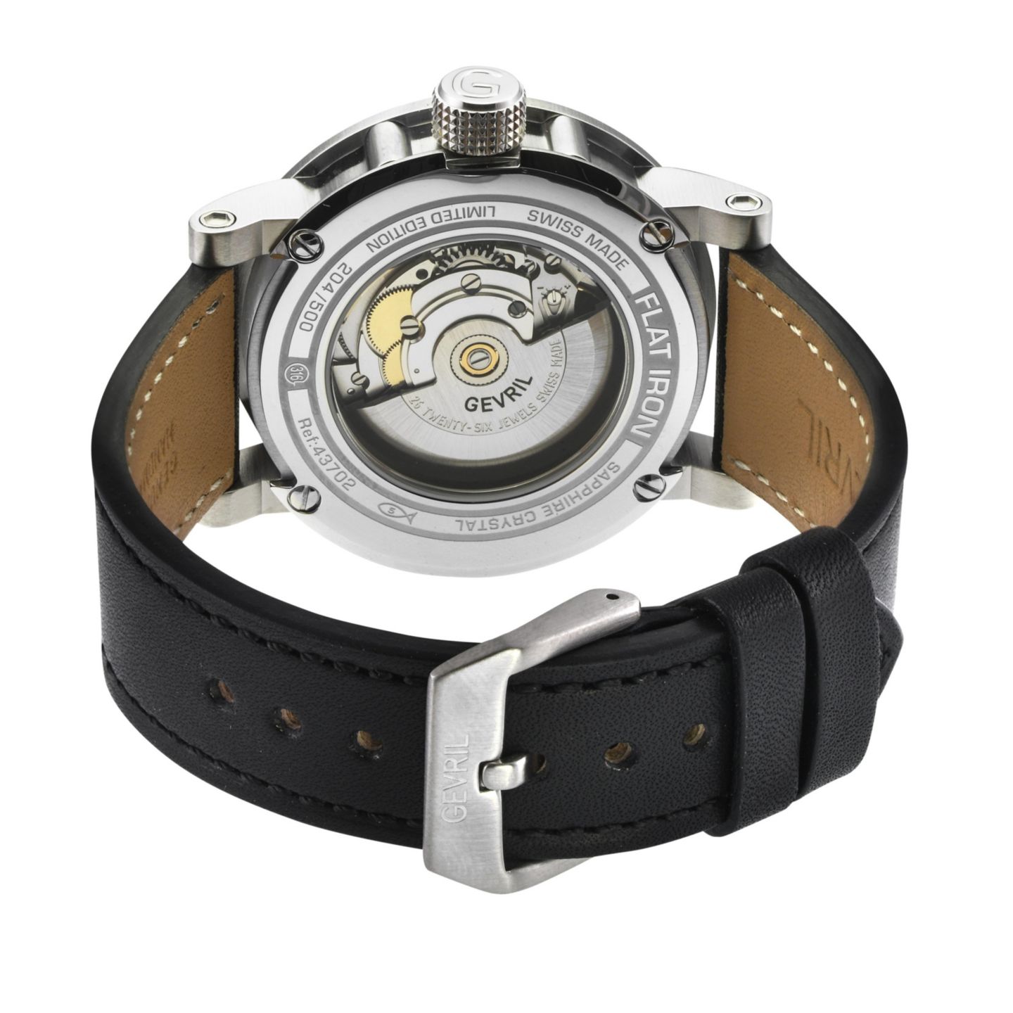 Мужские часы Gevril Flat Iron Swiss Automatic Black Leather Strap Watch, цвет: Серебряный — фото 2
