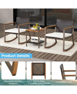 3PCS Patio Rattan Rocking Chair Bistro Set Armrest Cushion Table w/ Storage Shelf