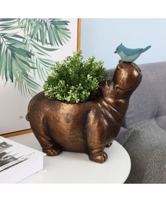 Brown Hippo and Blue Bird MgO Flower Pot Planter