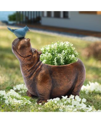Brown Hippo and Blue Bird MgO Flower Pot Planter