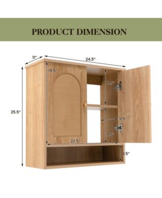 Bathroom Wall Cabinet with 2 Rattan Doors Open Shelf Heavy Duty Storage for Kitchen Living Room Entryway