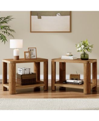 Solid Wood End Table Set of 2, Farmhouse Side Table with 2-Tier Storage Shelf, Rectangle Bedside Nightstand, Accent Nightstand
