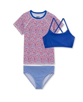Girls Chlorine Resistant Short Sleeve Rash Guard 3 Piece Swimsuit Set